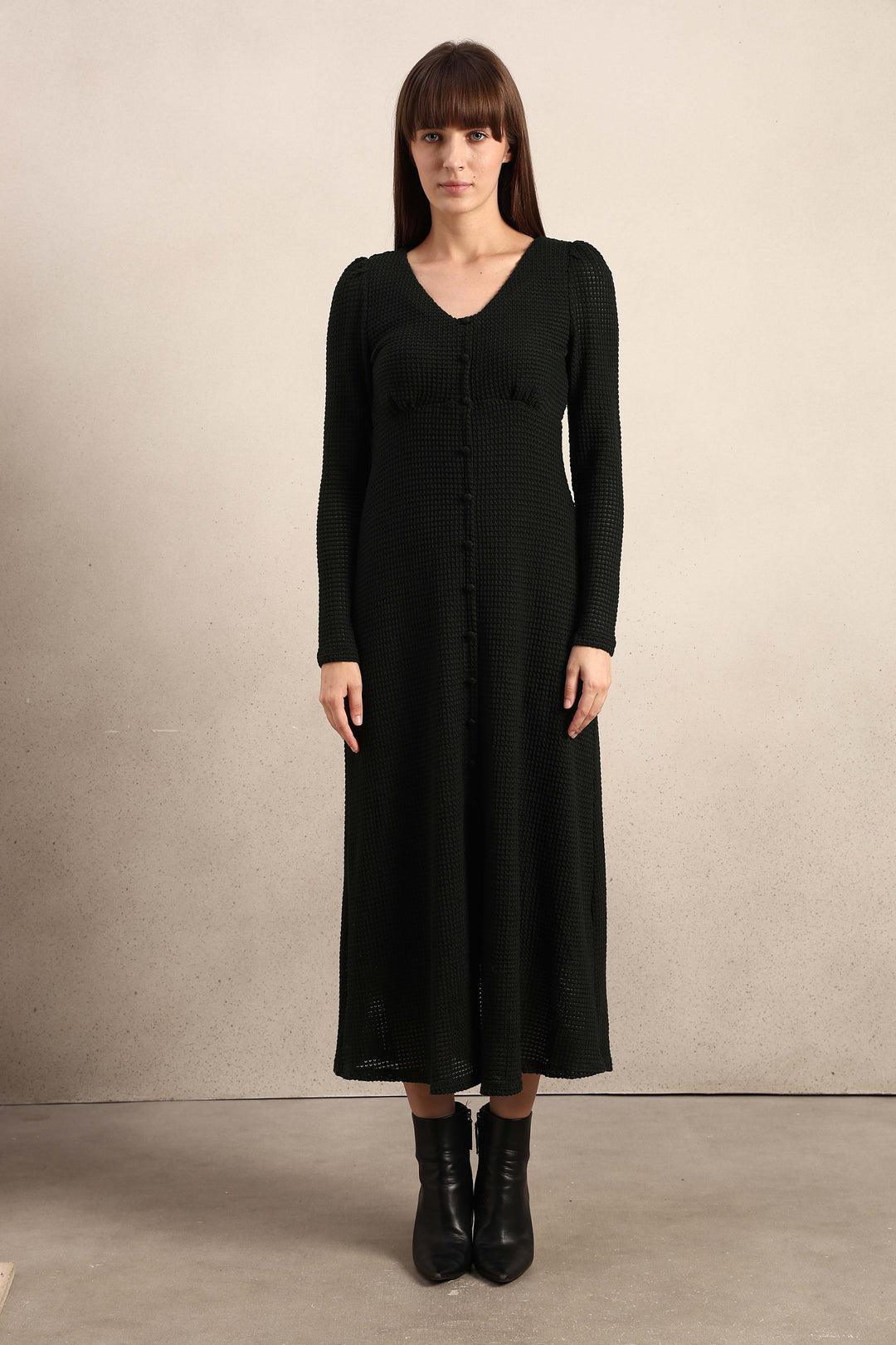 Button Detail V-Neck Midi Dress