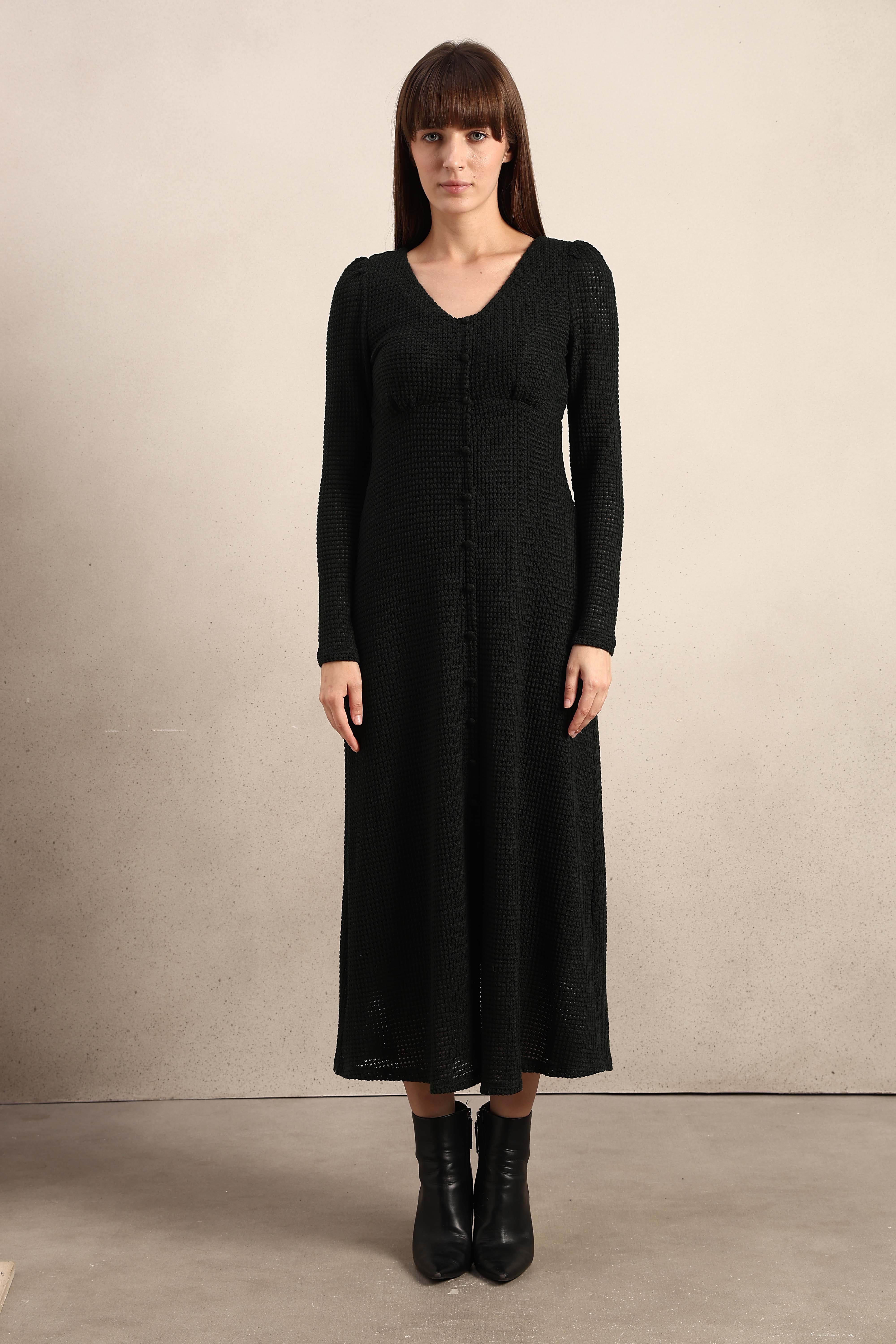 Button Detail V-Neck Midi Dress