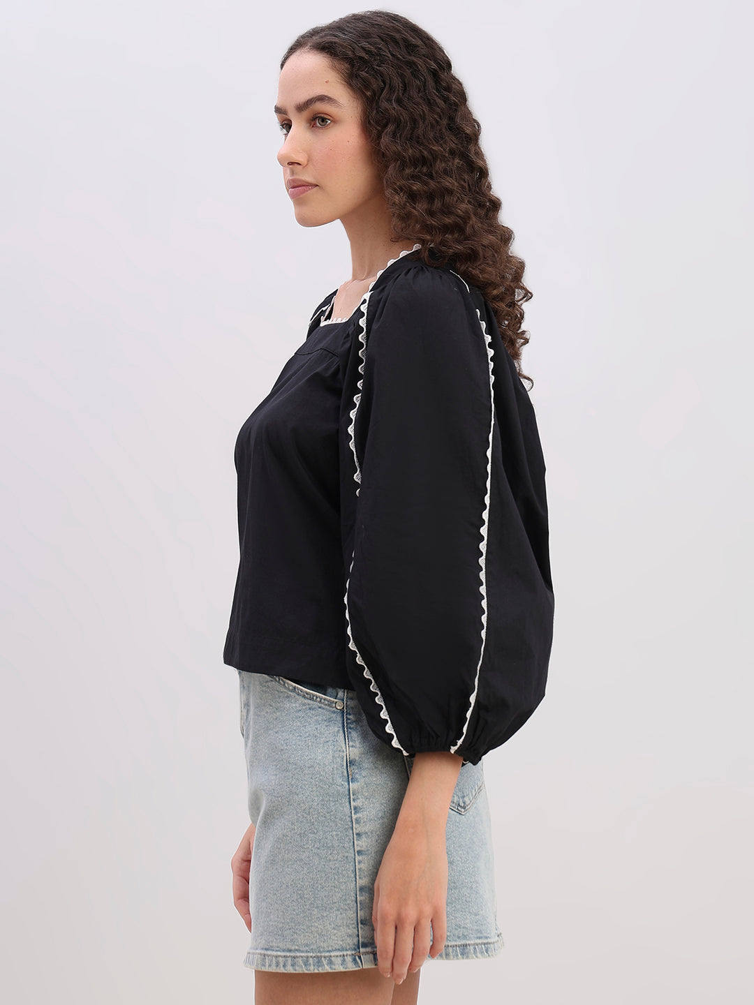 Black Square-Neck Puff Sleeve Top