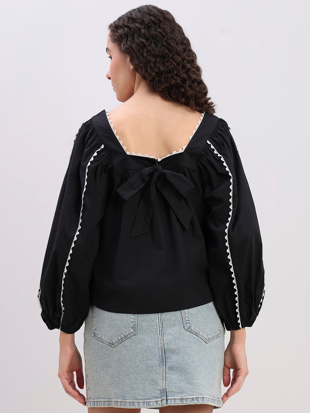 Black Square-Neck Puff Sleeve Top