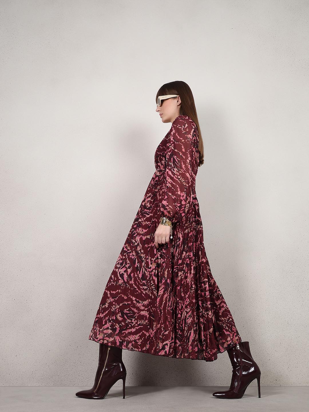 Red Printed Pleated Dress