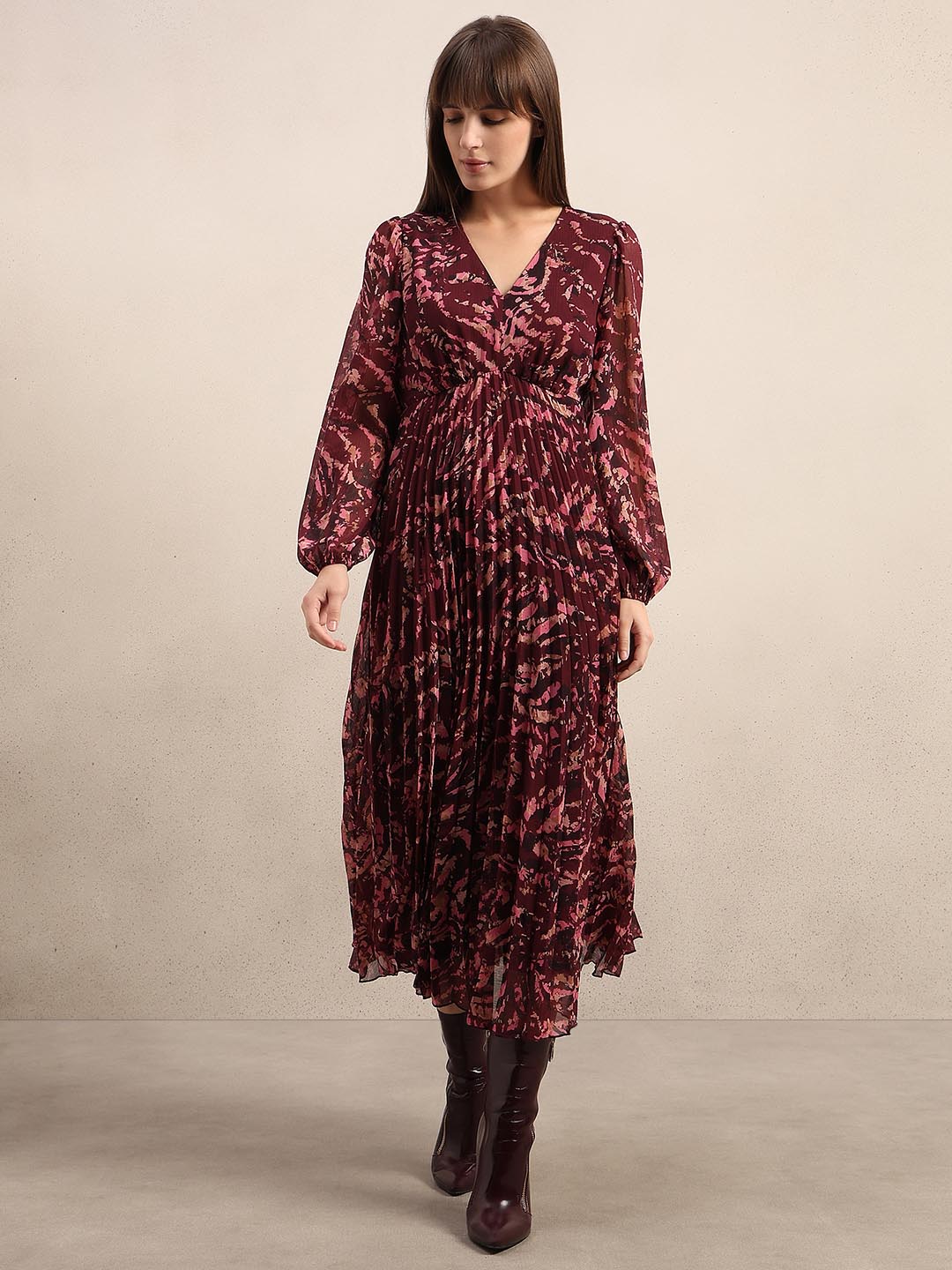 Red Printed Pleated Dress