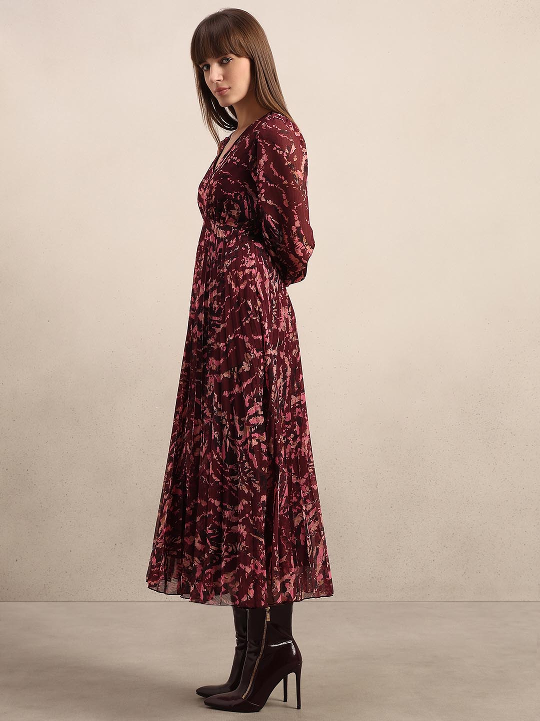 Red Printed Pleated Dress