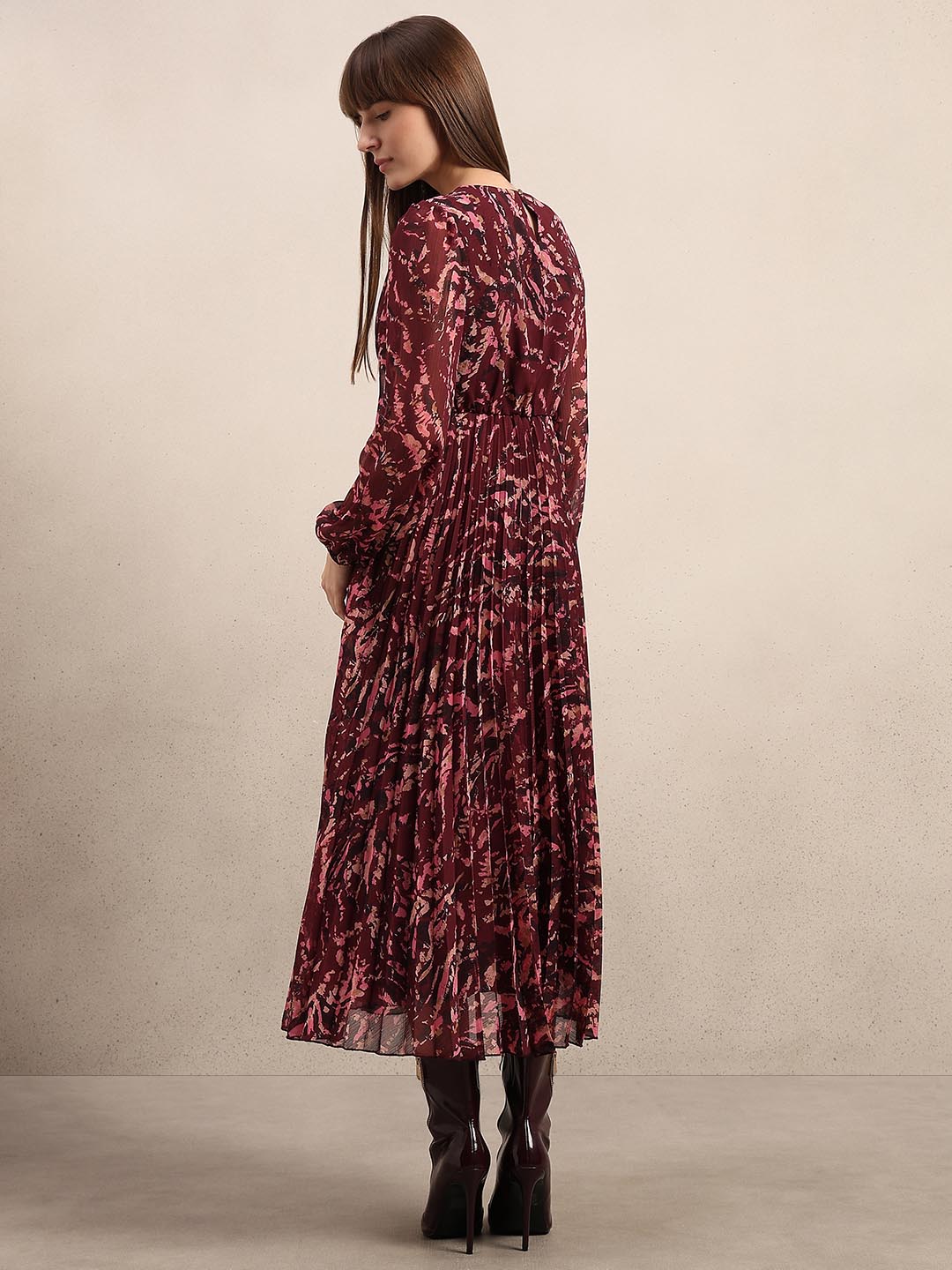 Red Printed Pleated Dress