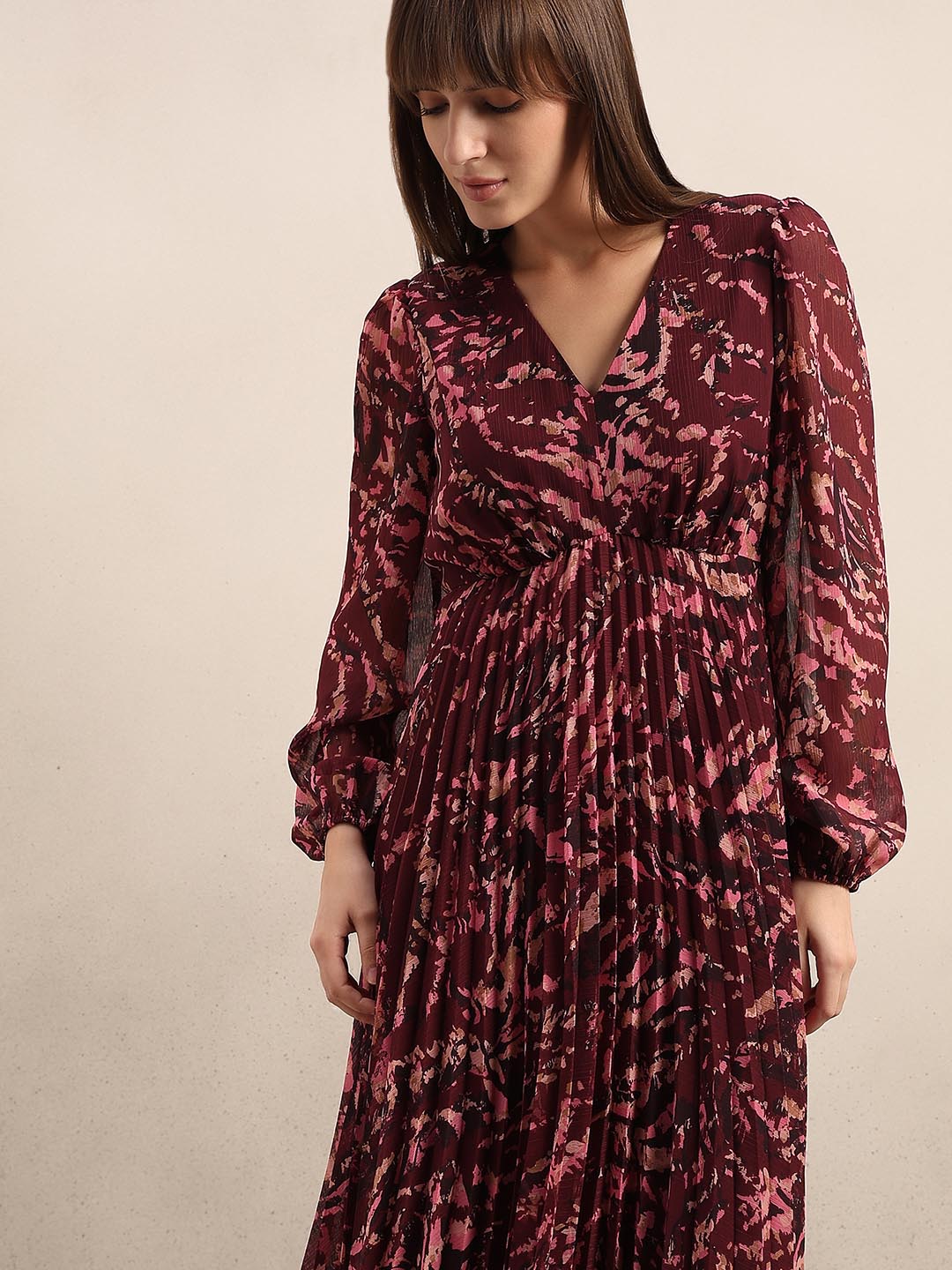 Red Printed Pleated Dress