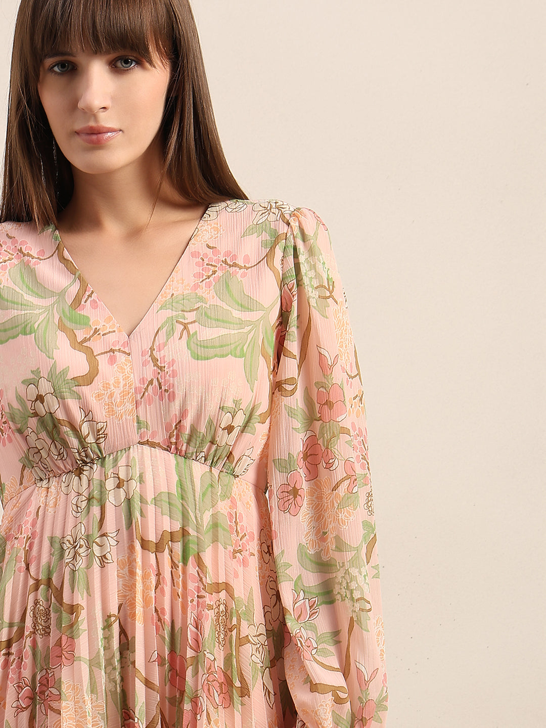 Pleated Floral V-Neck Dress