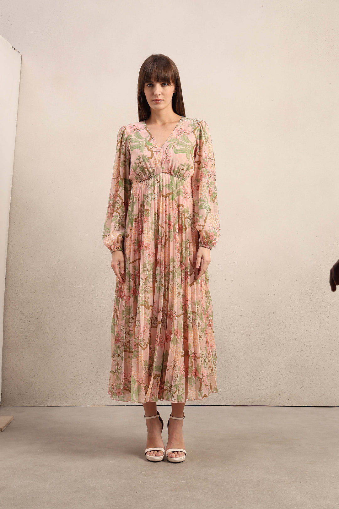 Pleated Floral V-Neck Dress