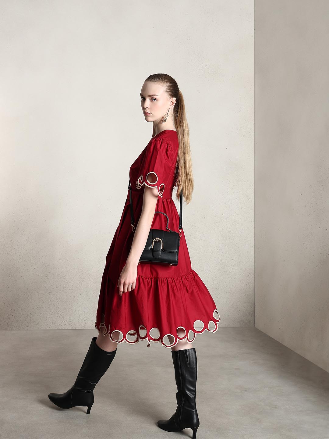 Red Cut-Work Midi Cotton Dress