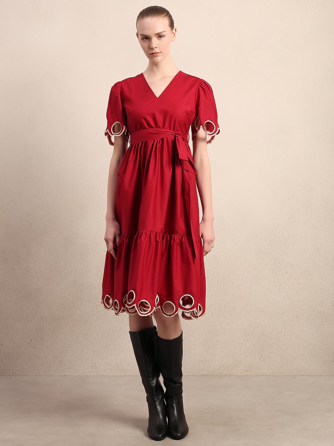 Red Cut-Work Midi Cotton Dress