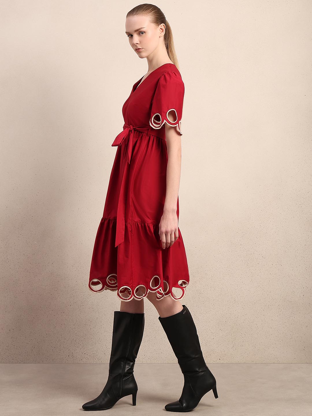 Red Cut-Work Midi Cotton Dress