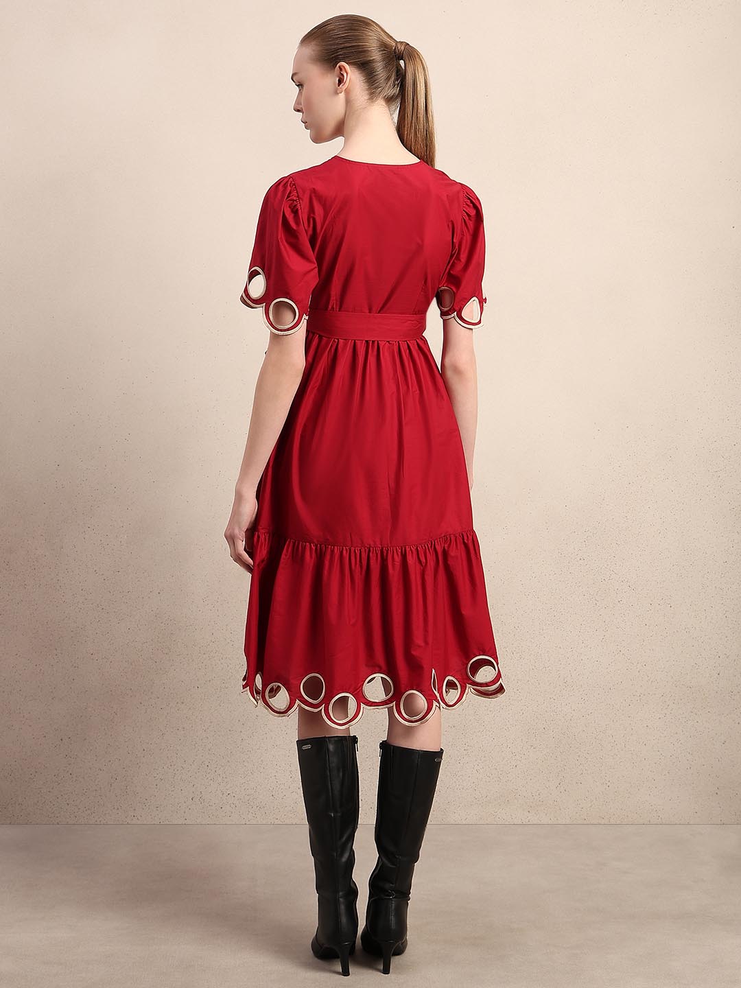 Red Cut-Work Midi Cotton Dress