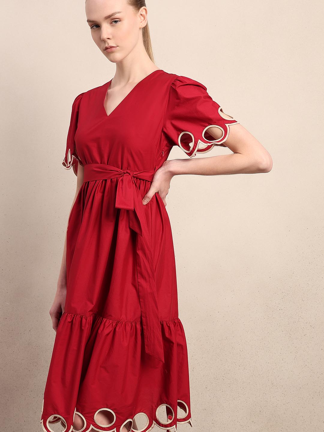 Red Cut-Work Midi Cotton Dress
