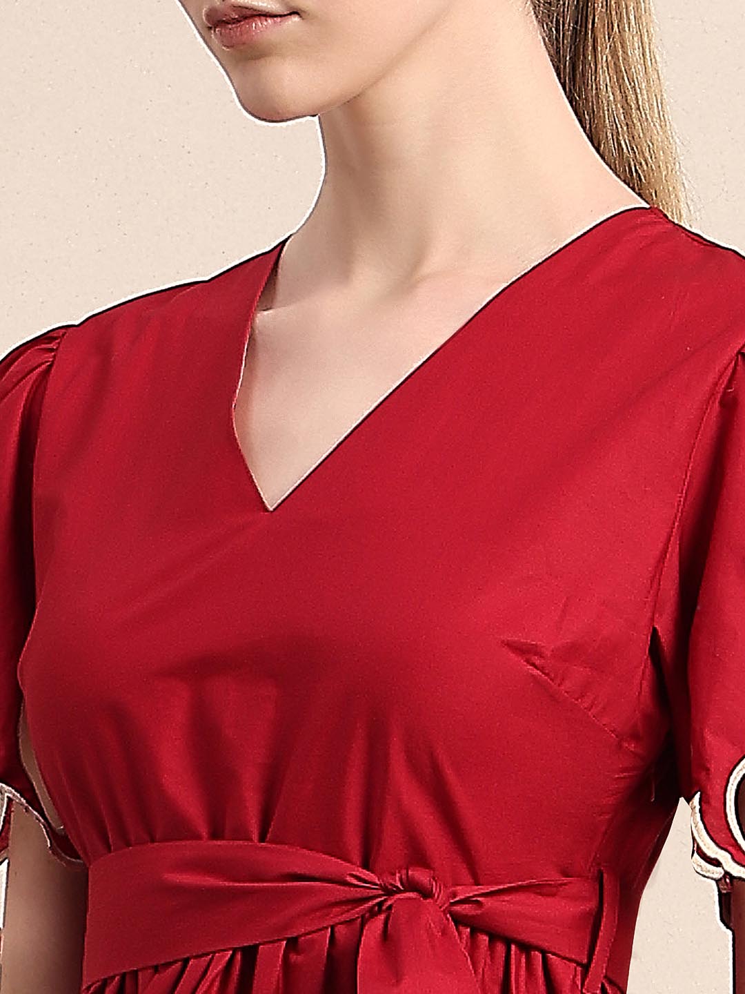 Red Cut-Work Midi Cotton Dress