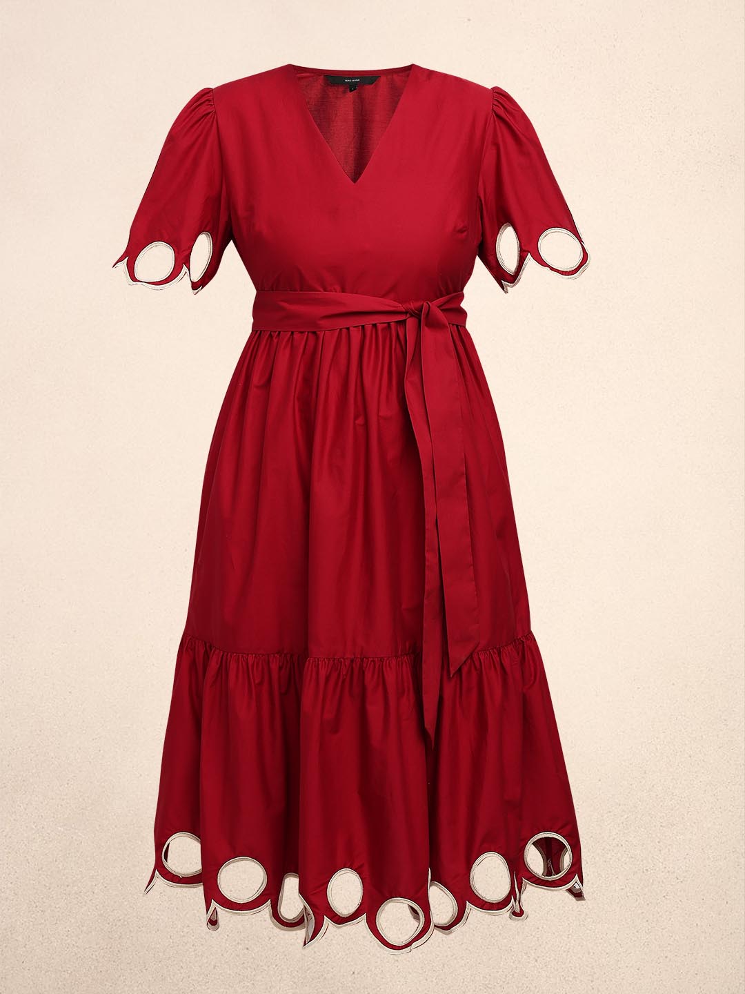 Red Cut-Work Midi Cotton Dress