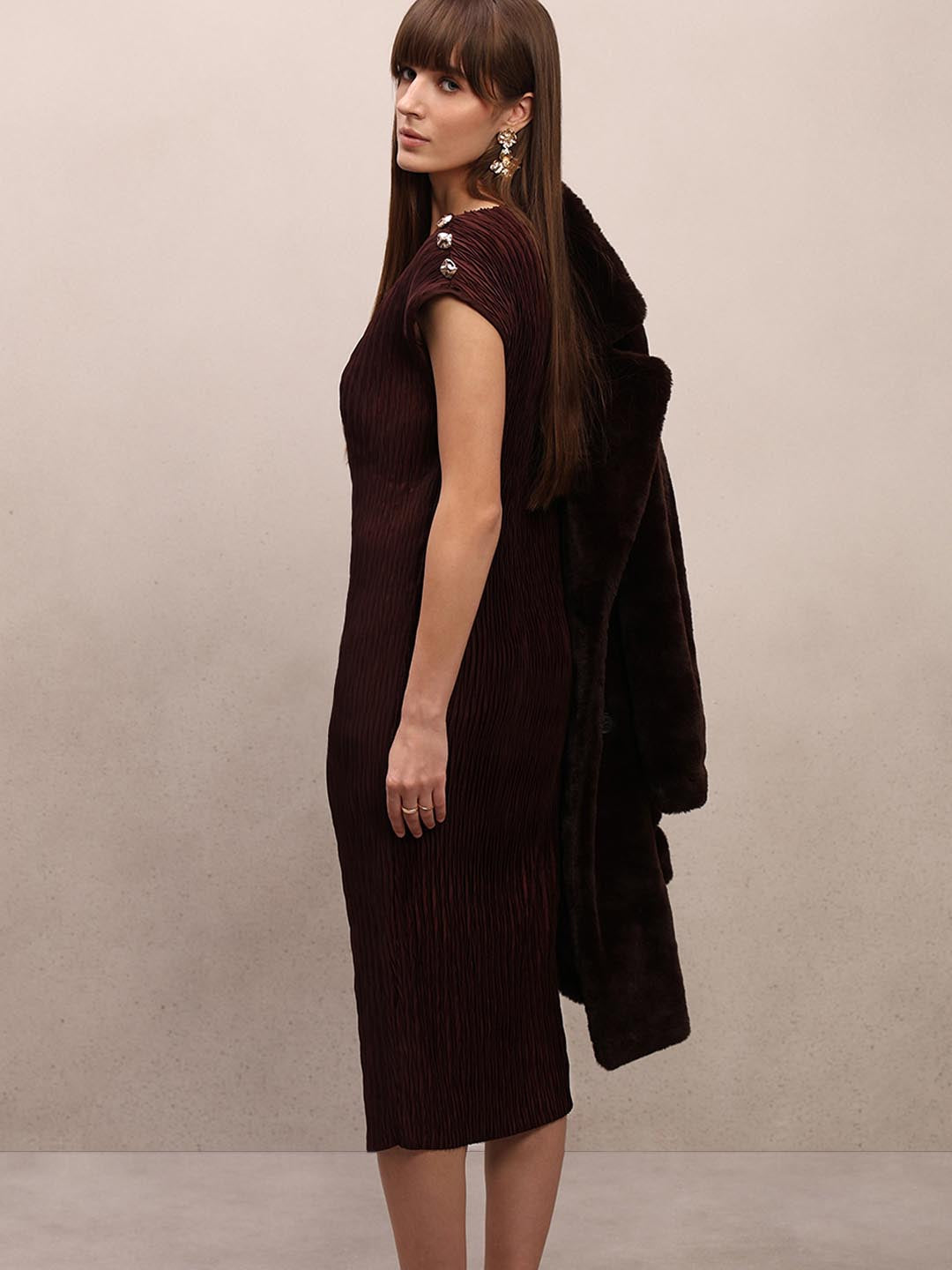 Chocolate Brown Textured Midi Dress