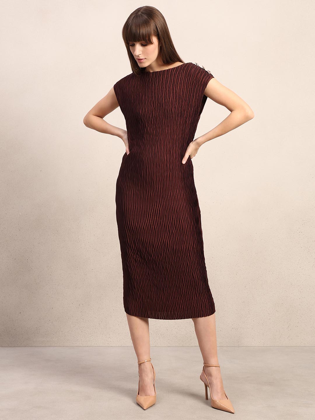 Chocolate Brown Textured Midi Dress