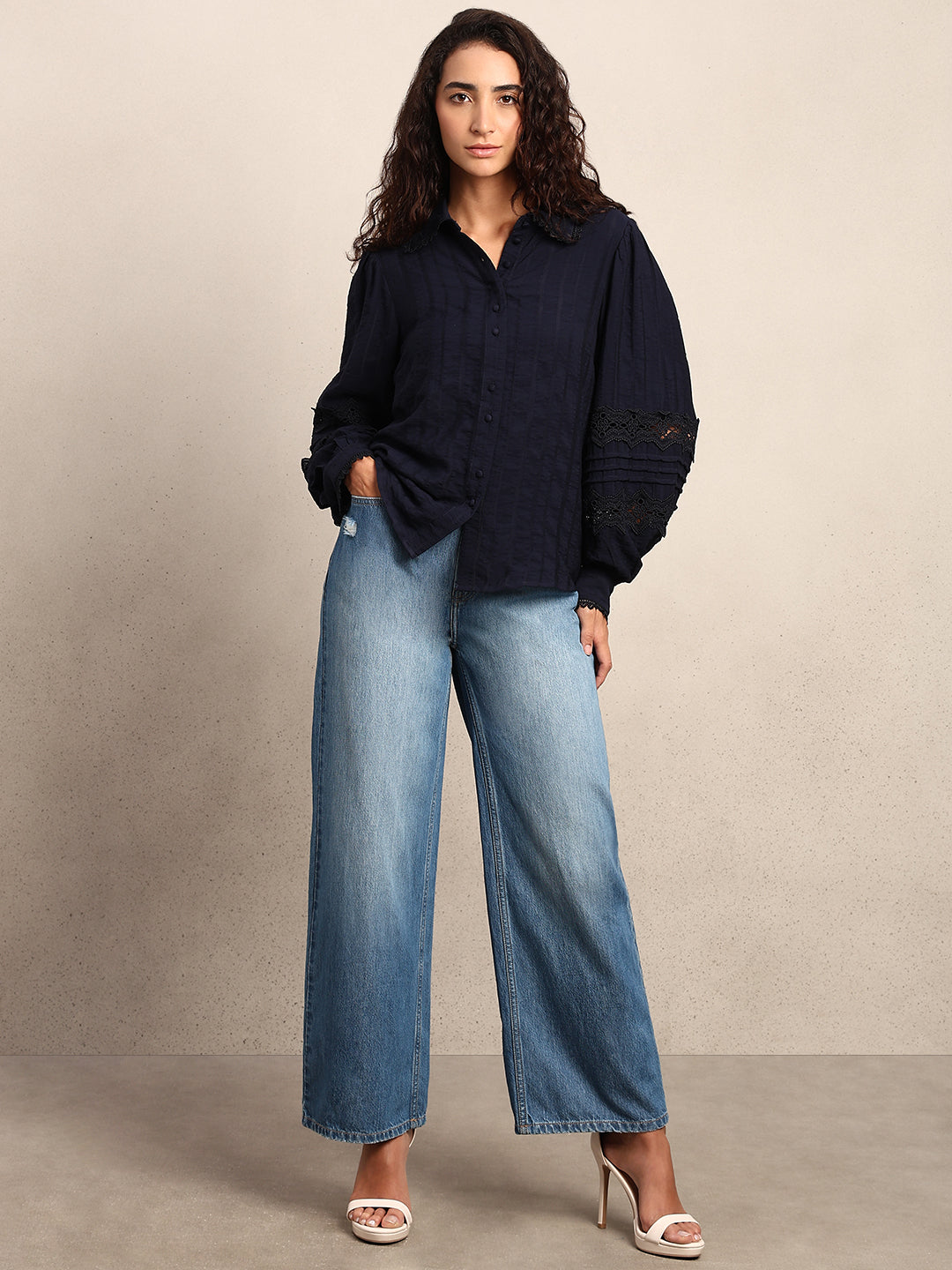 Navy Blue Lace Detail Shirt