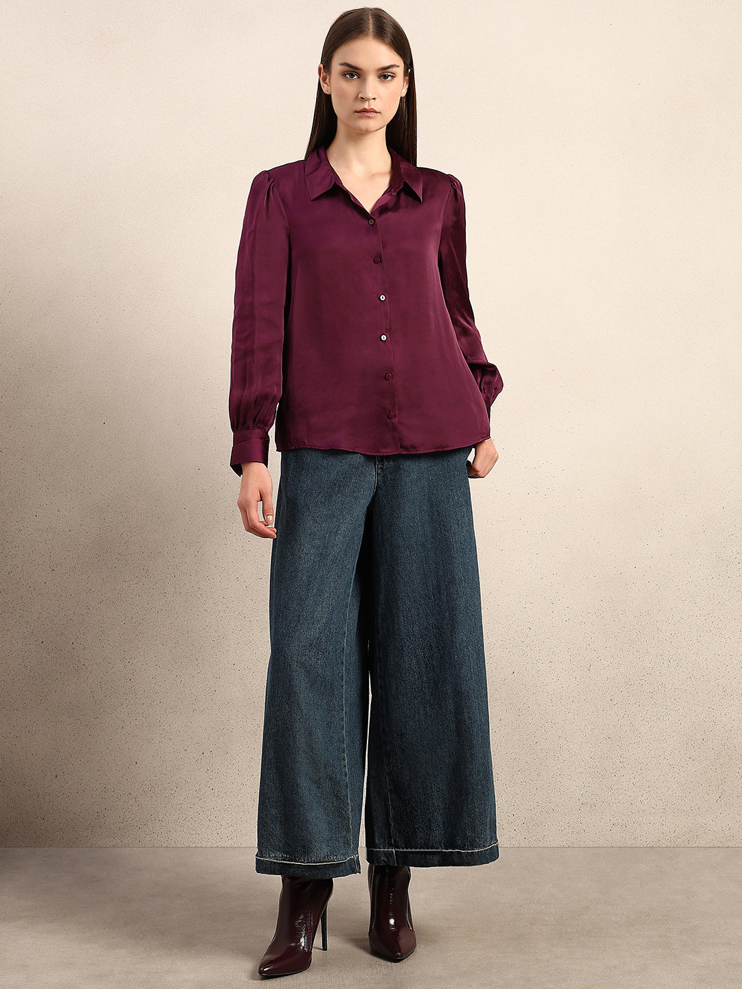 Maroon Satin Cuff Sleeves Shirt