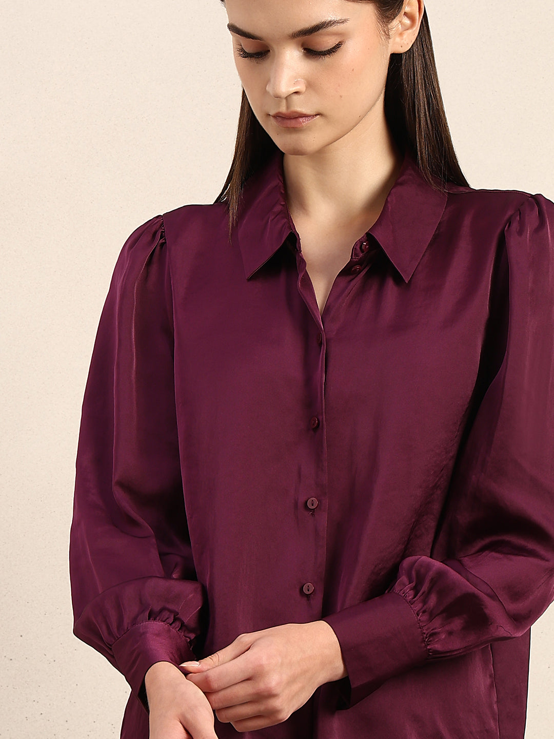 Maroon Satin Cuff Sleeves Shirt