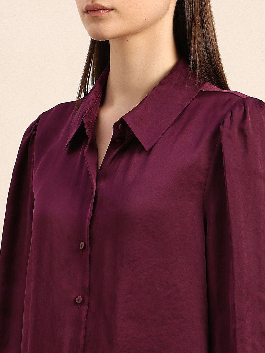Maroon Satin Cuff Sleeves Shirt