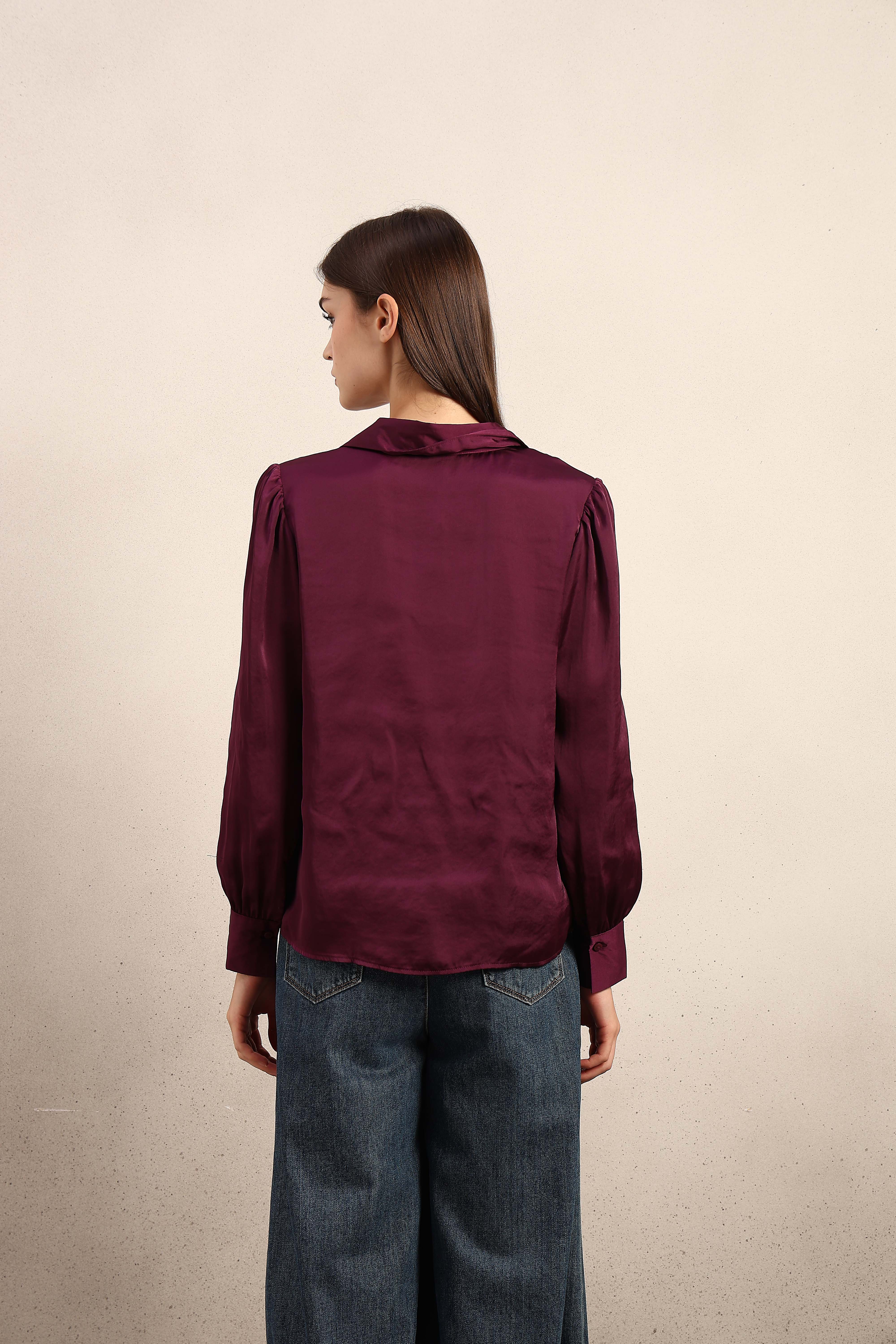 Maroon Satin Cuff Sleeves Shirt