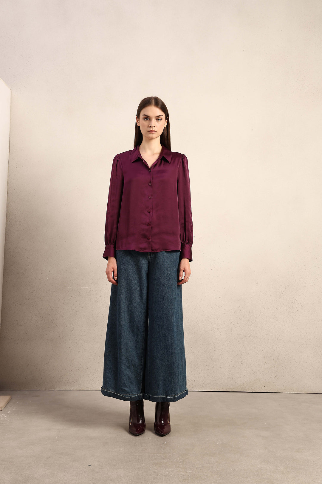 Maroon Satin Cuff Sleeves Shirt