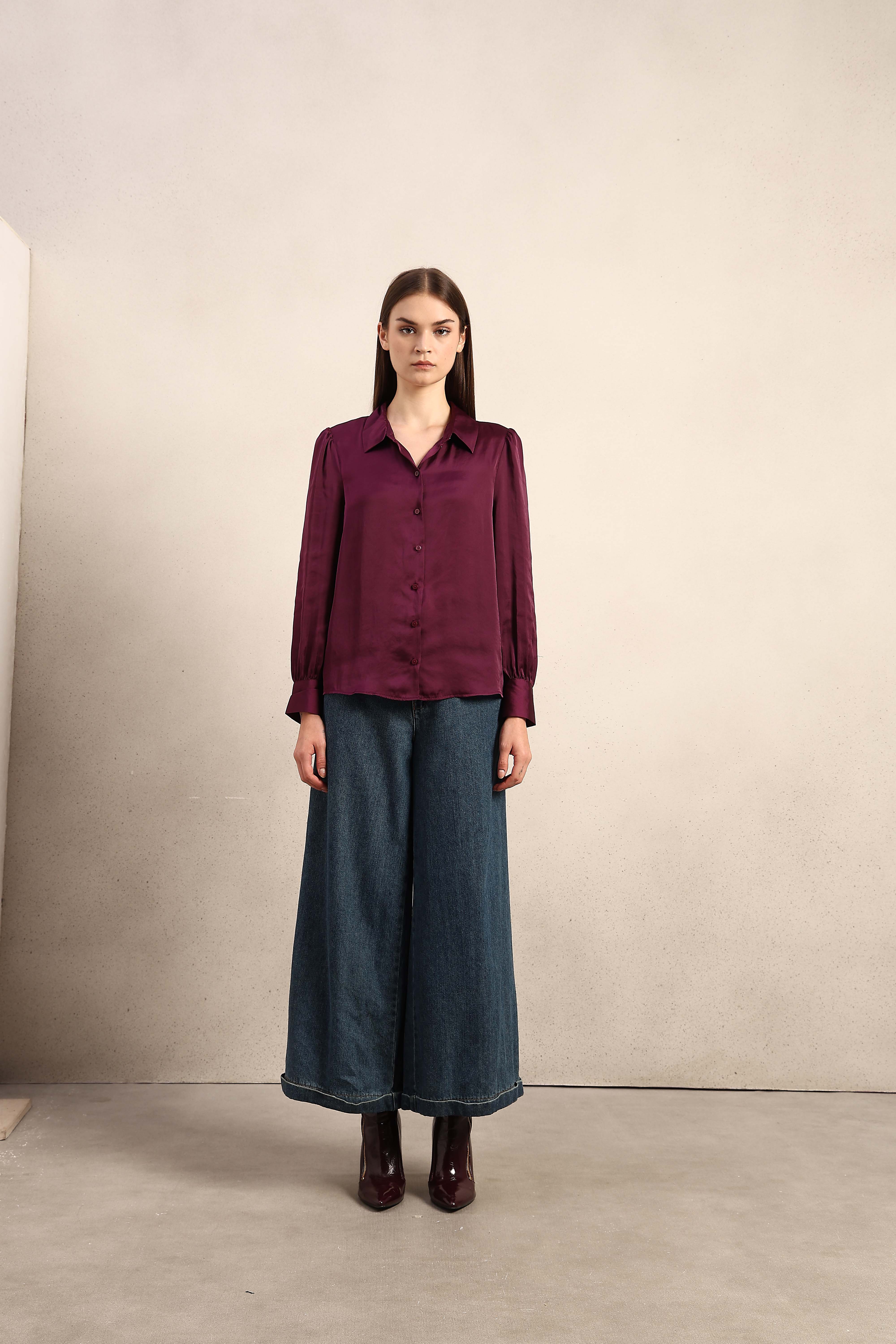 Maroon Satin Cuff Sleeves Shirt