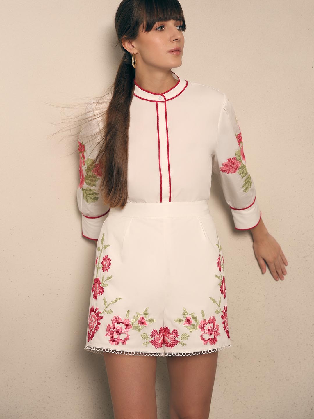 White Floral Embroidered Shorts