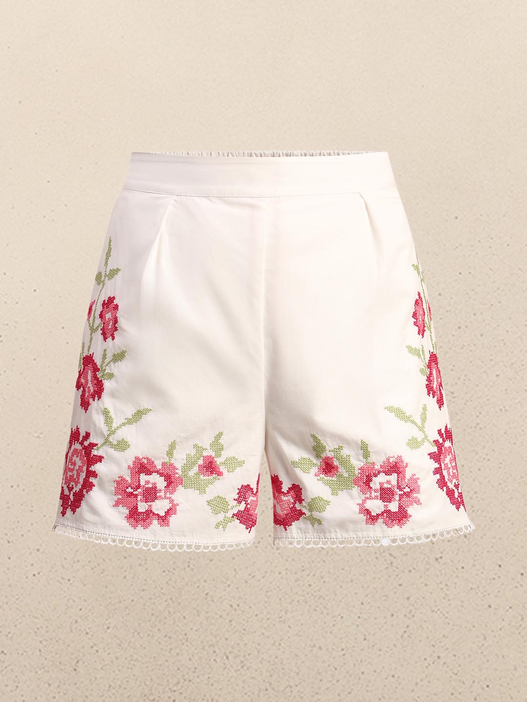 White Floral Embroidered Shorts