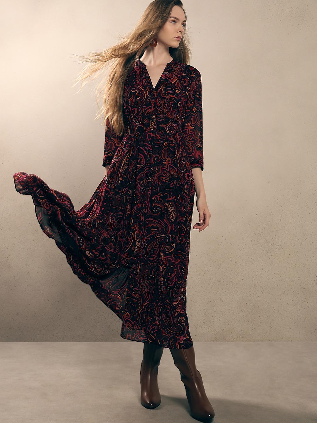 Maroon Printed V-Neck Dress
