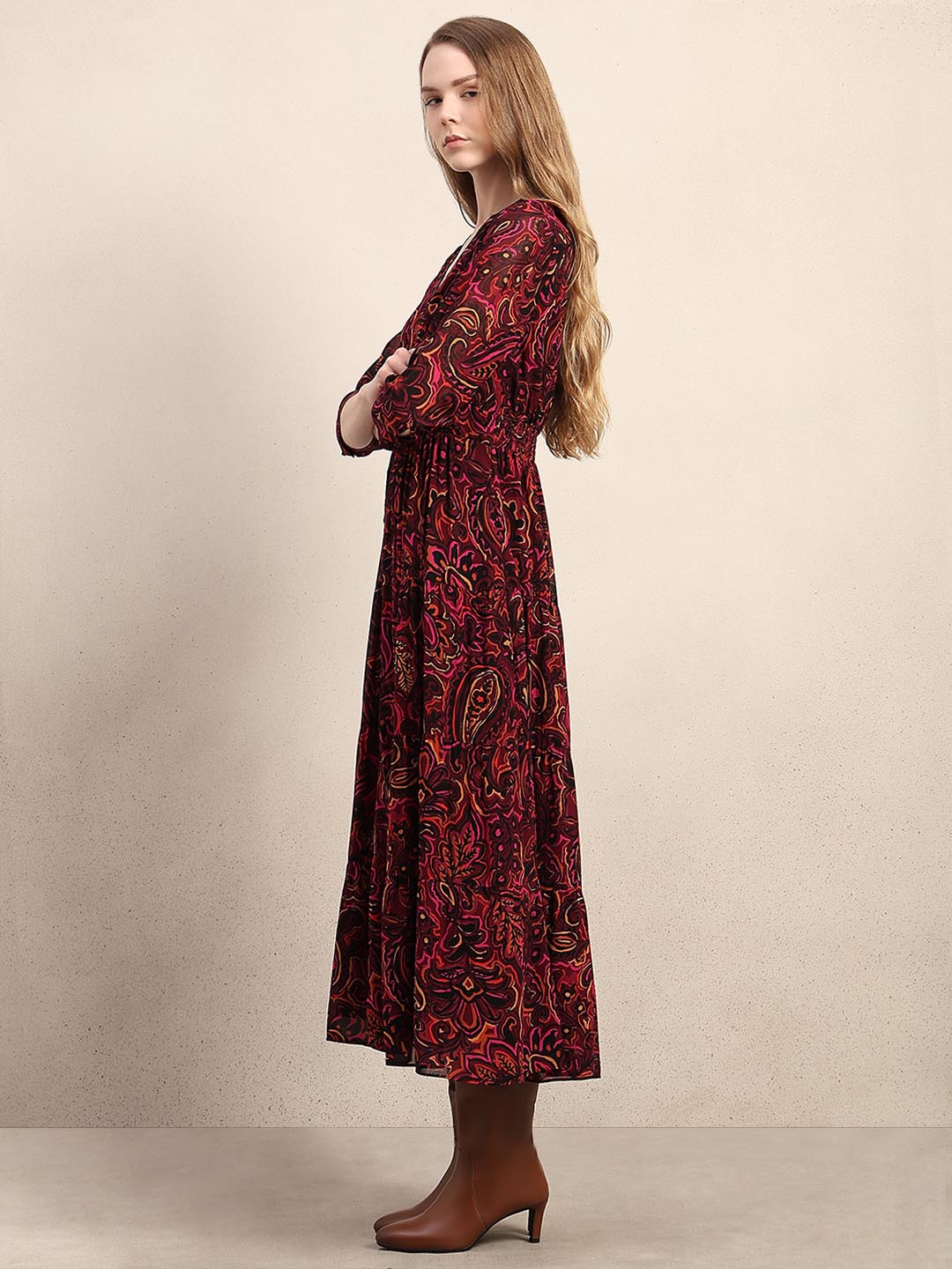 Maroon Printed V-Neck Dress