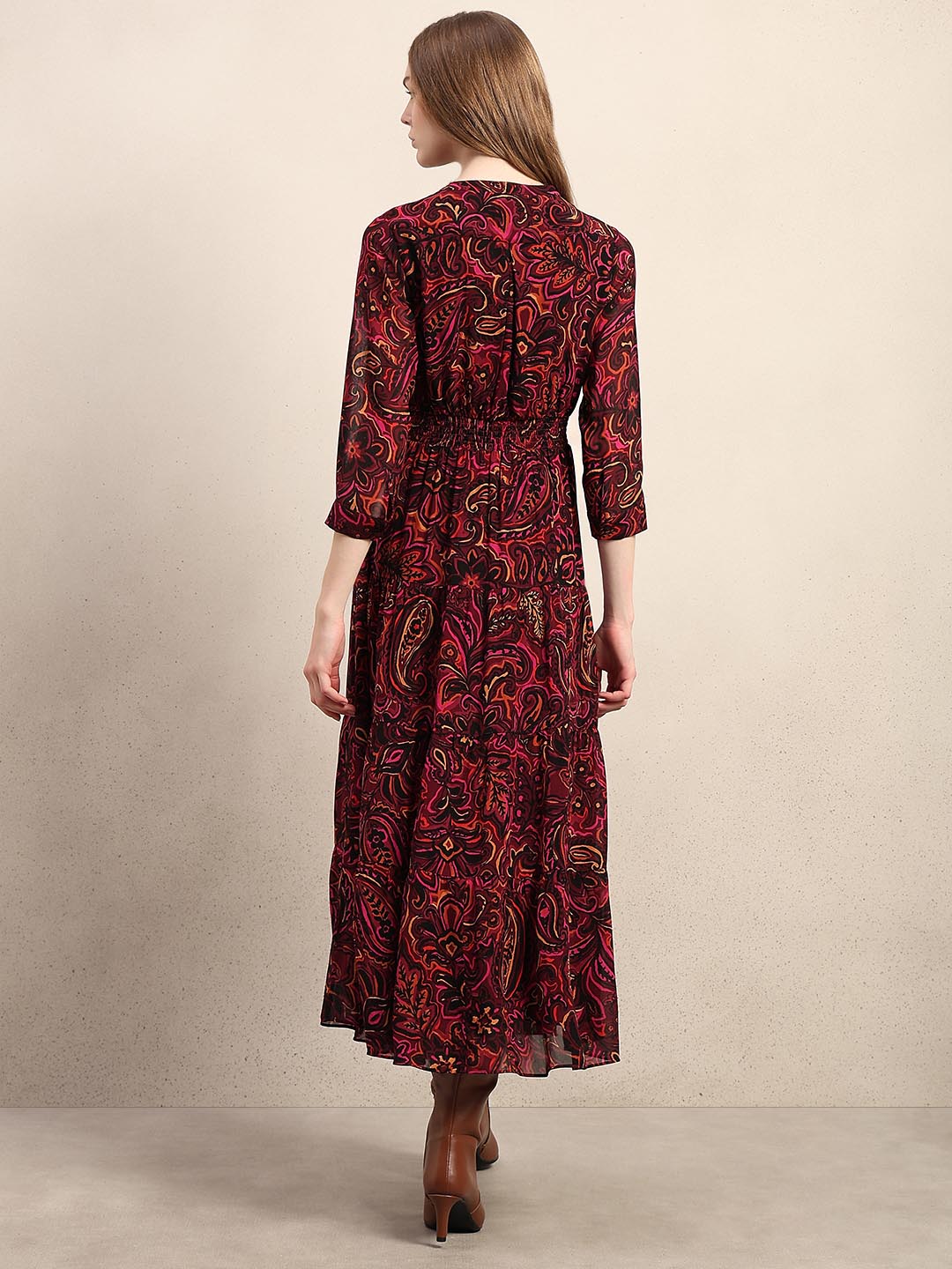 Maroon Printed V-Neck Dress