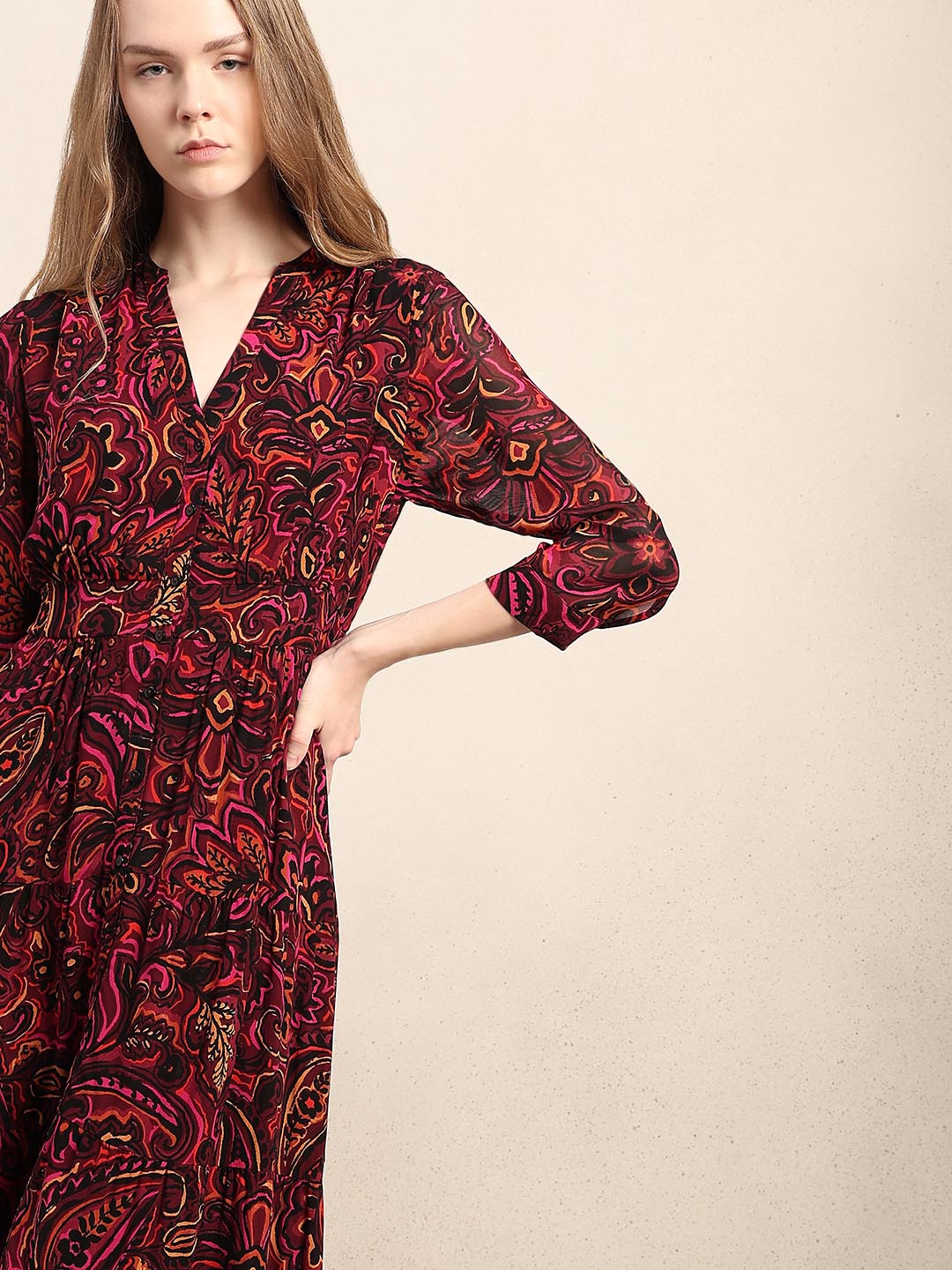 Maroon Printed V-Neck Dress