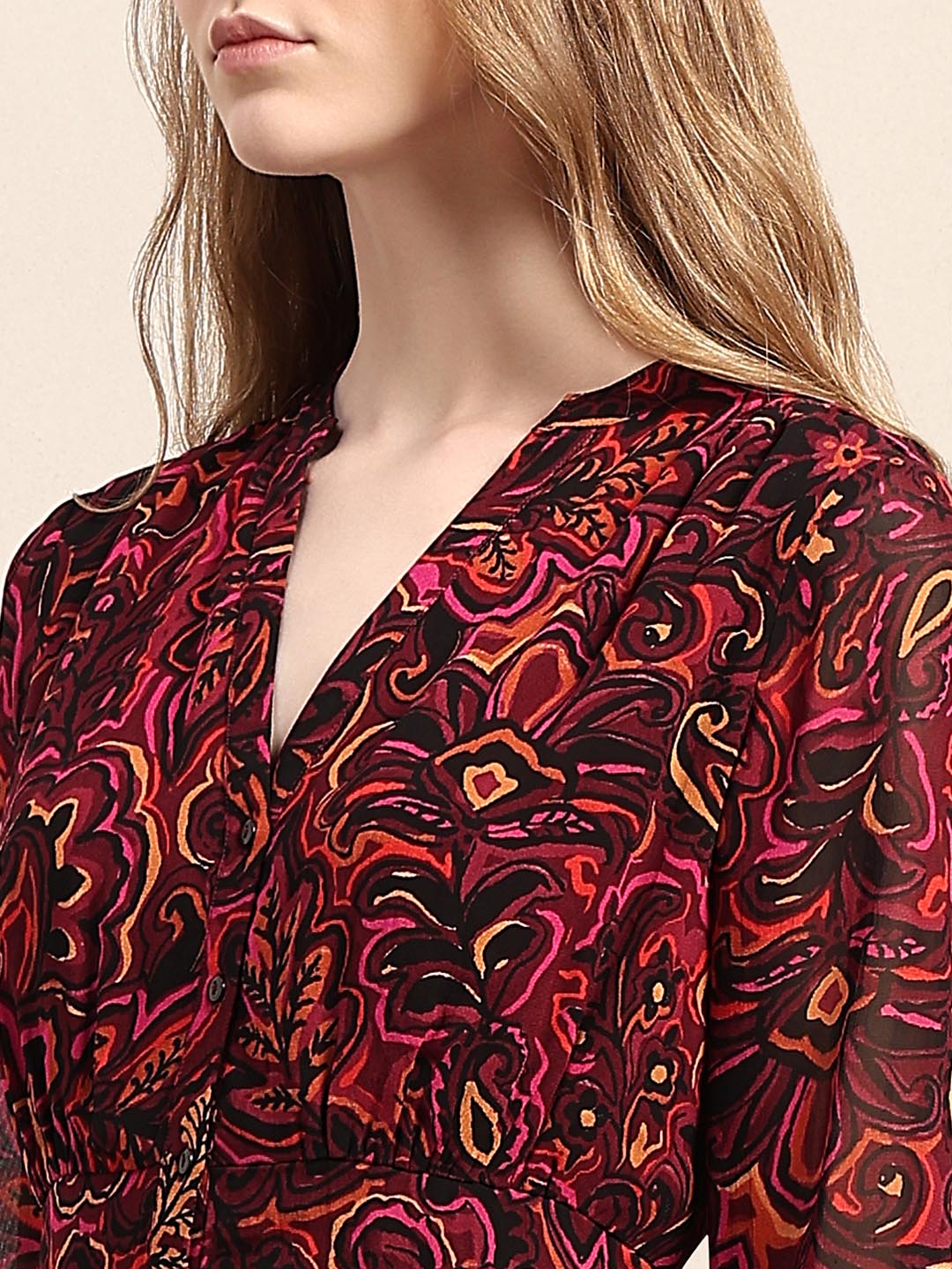 Maroon Printed V-Neck Dress