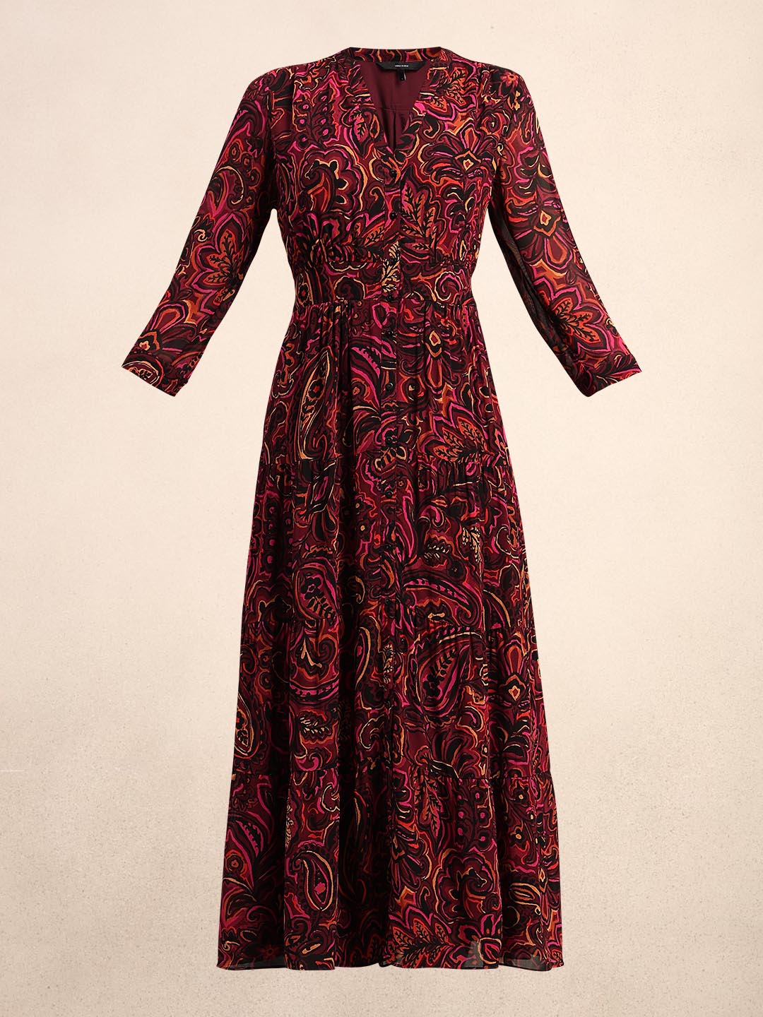 Maroon Printed V-Neck Dress