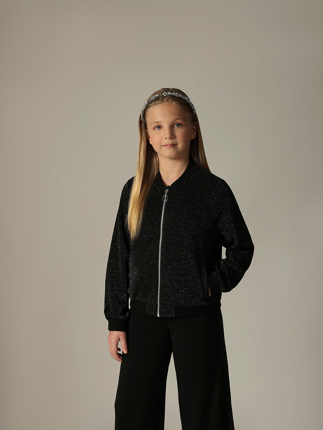 Girls Black Glitter Bomber Jacket