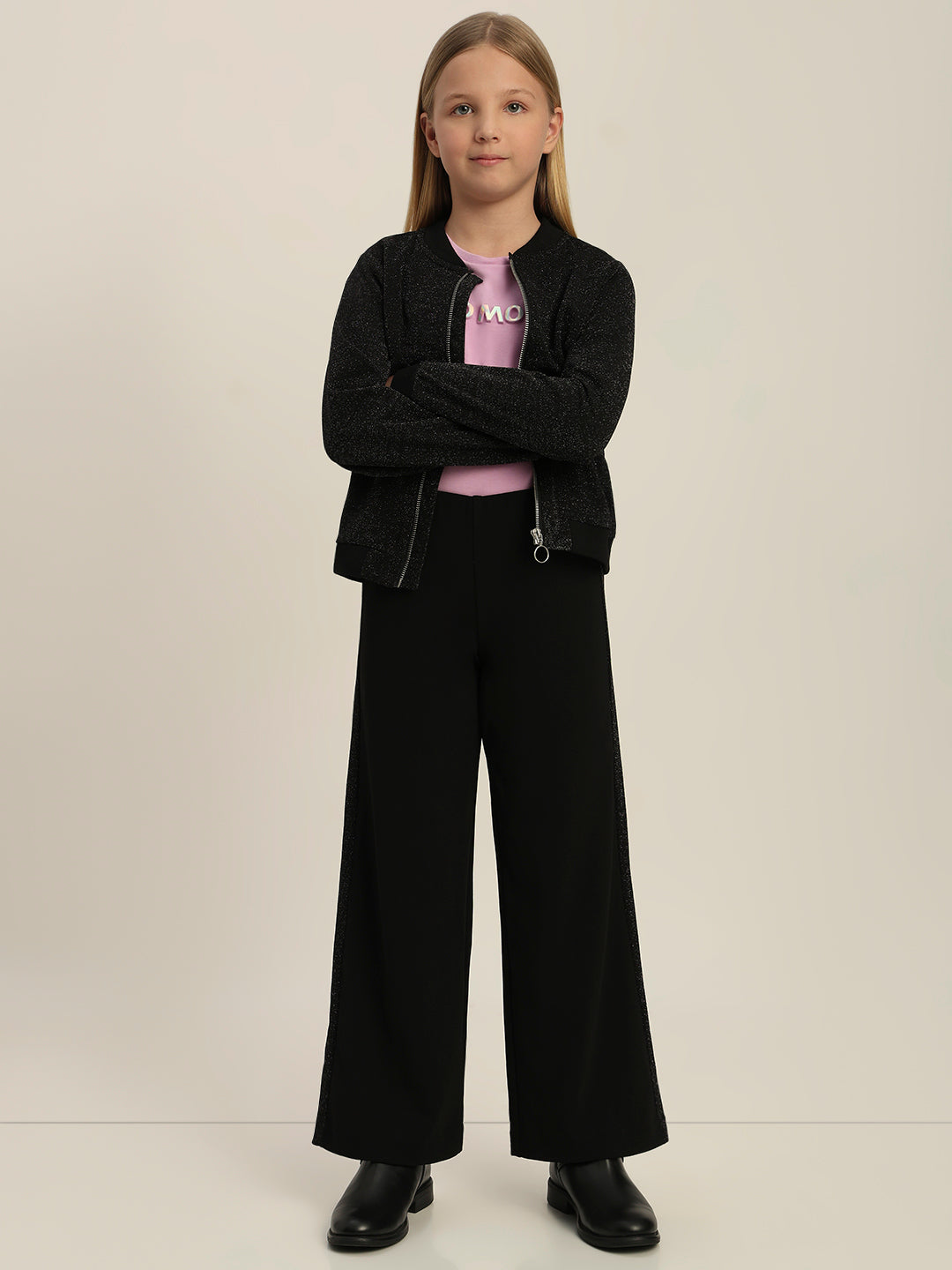 Girls Black Glitter Bomber Jacket