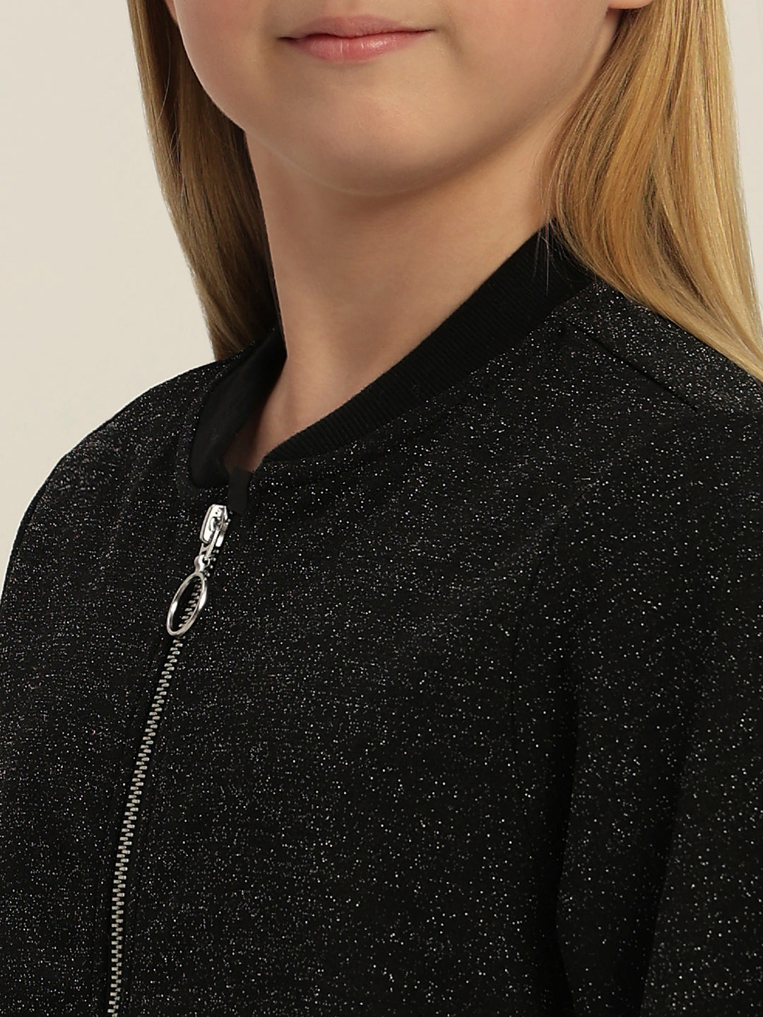 Girls Black Glitter Bomber Jacket