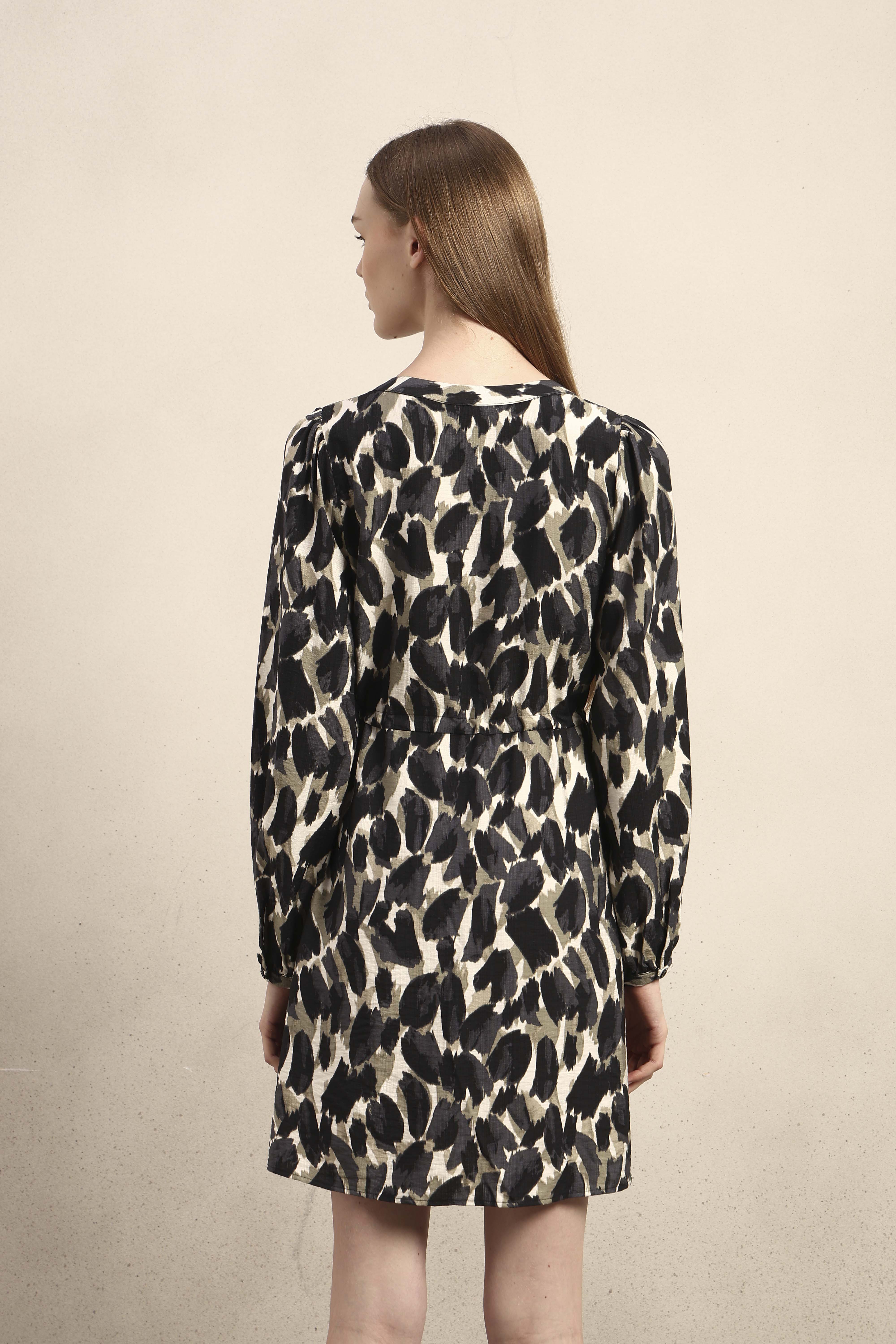 Abstract Animal Print Short Dress - Black