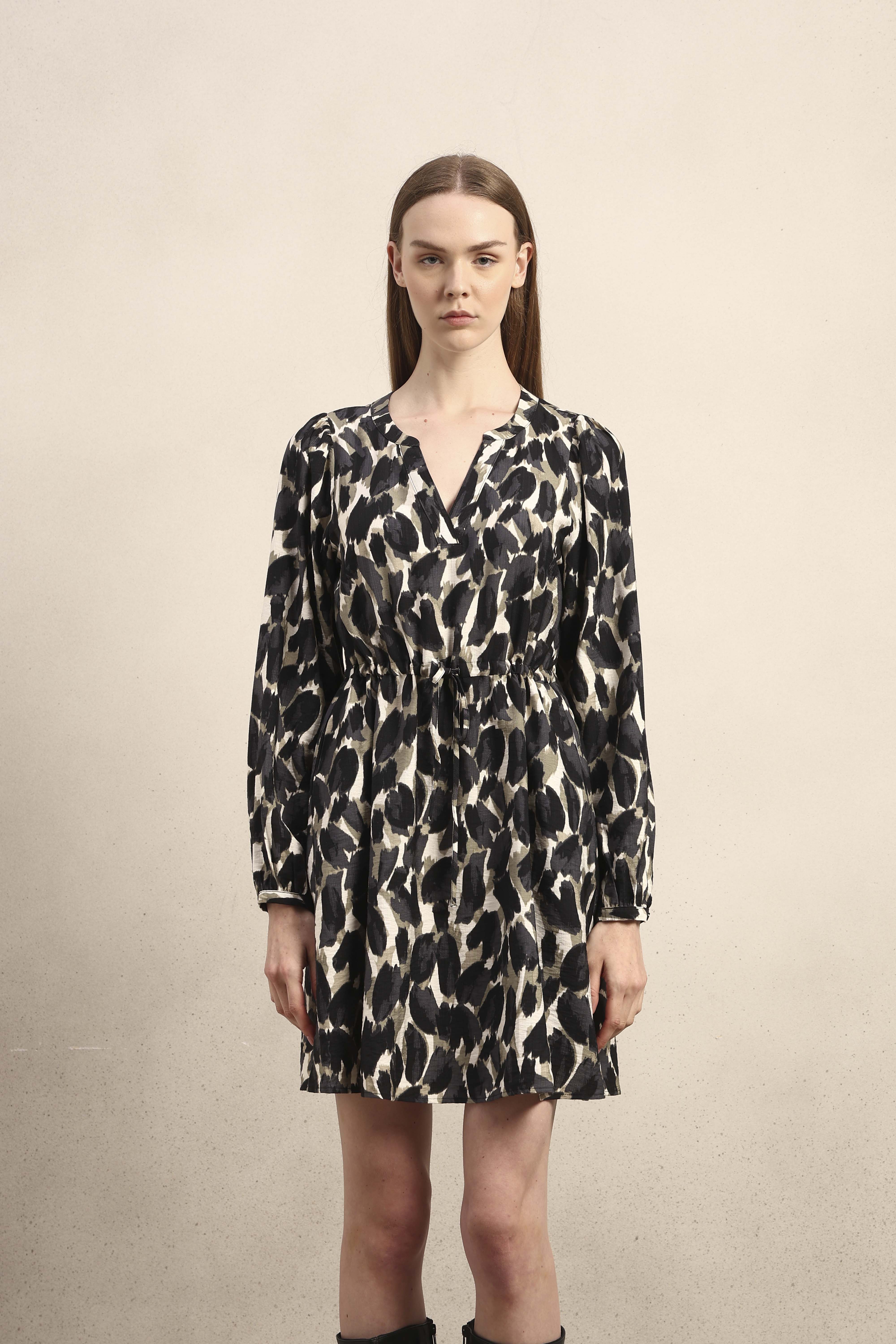 Abstract Animal Print Short Dress - Black