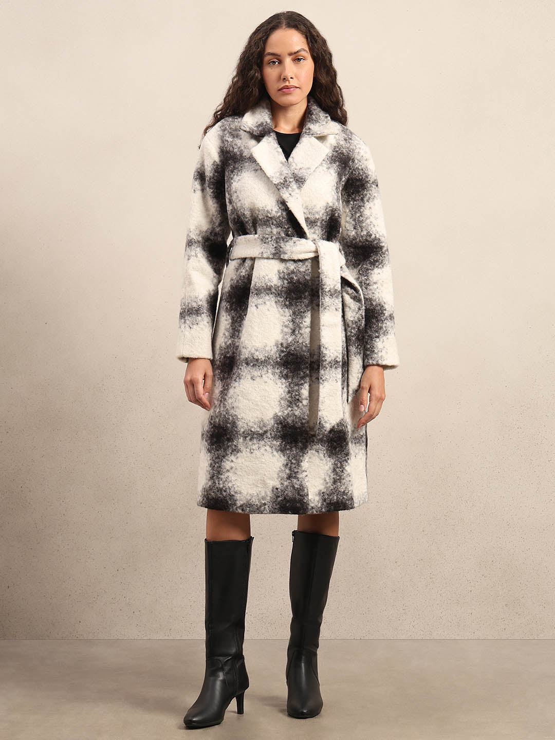 Black & White Check Belted Coat