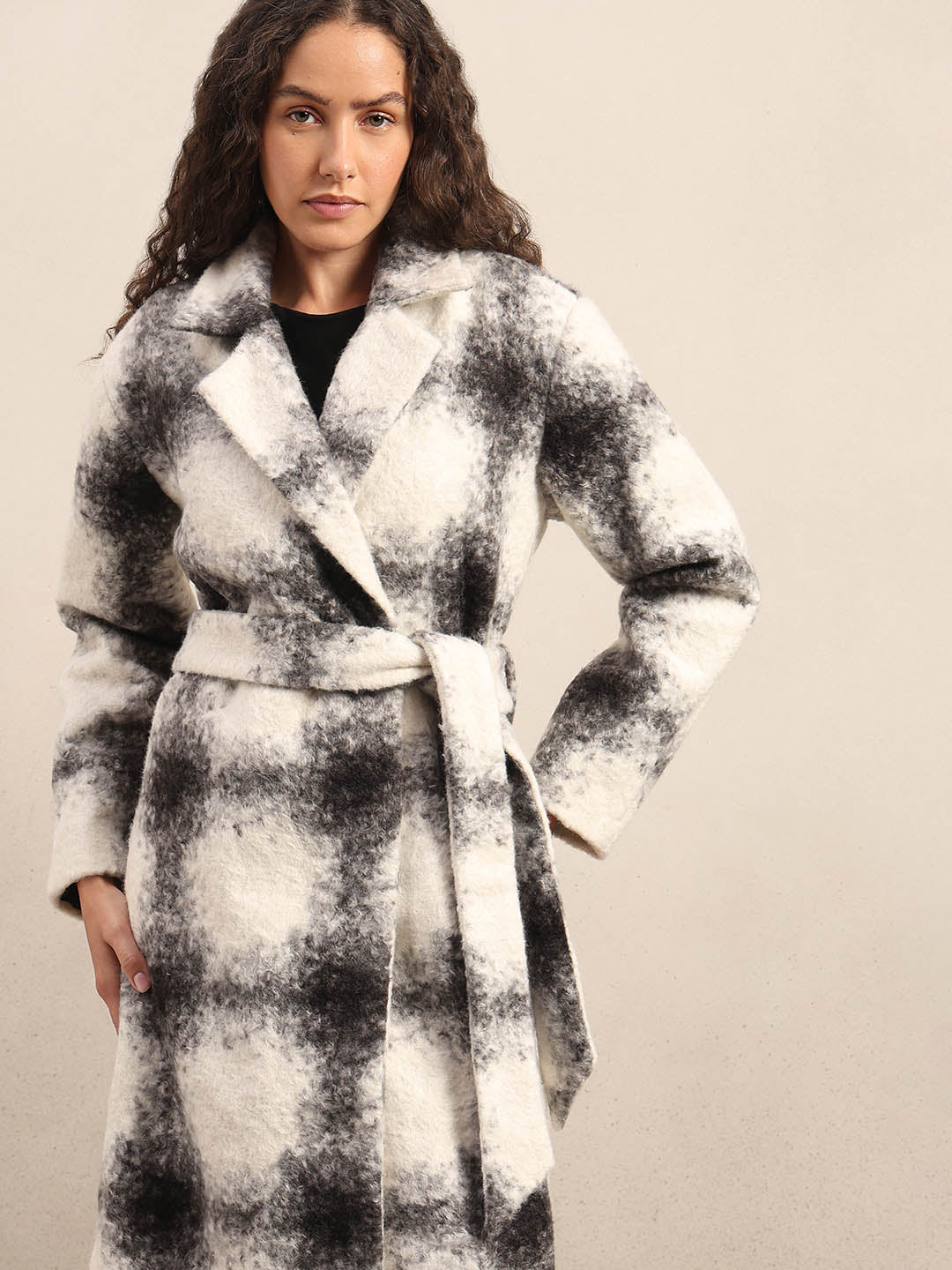 Black & White Check Belted Coat