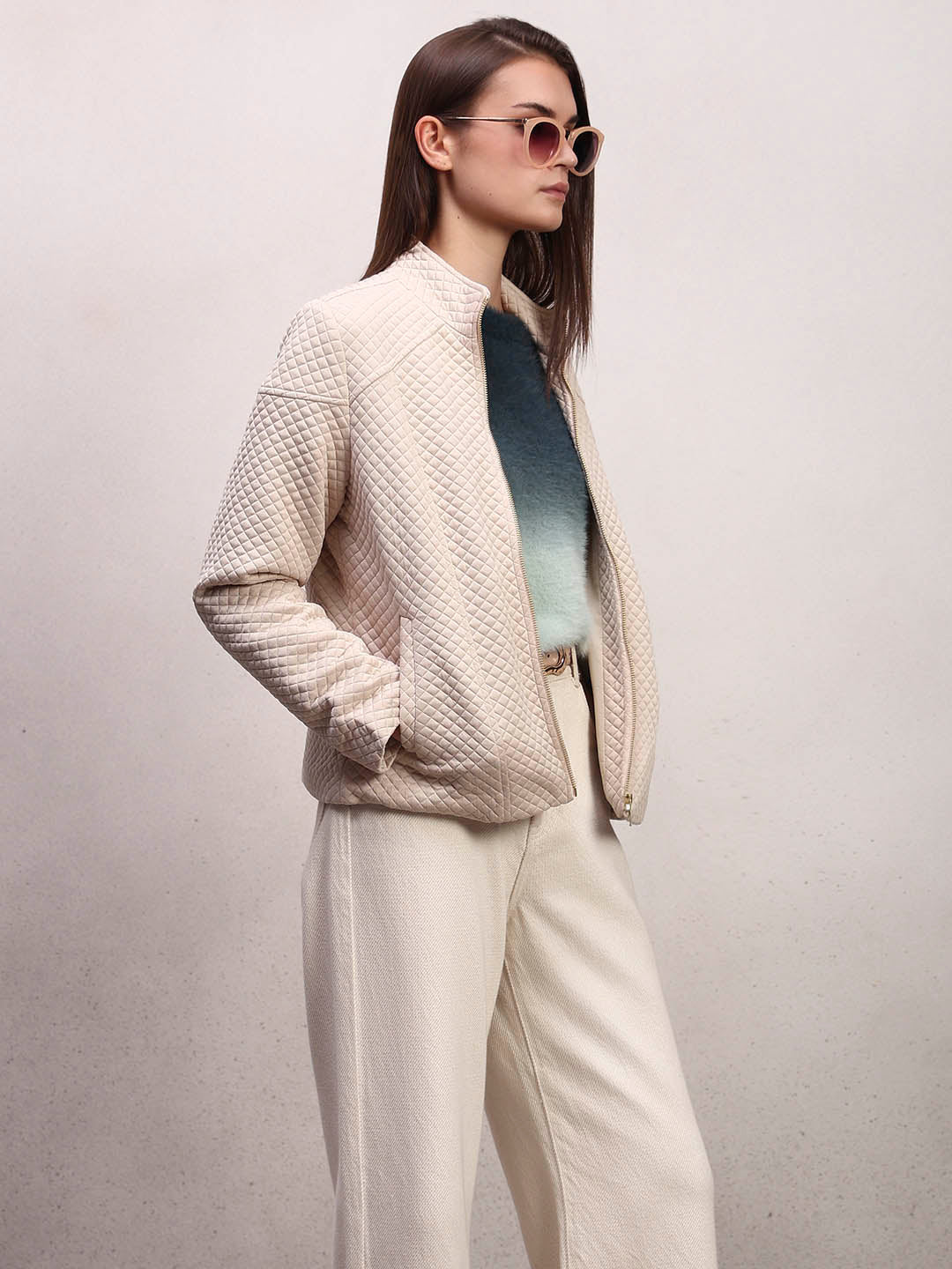 Cream Quilted Zip Jacket