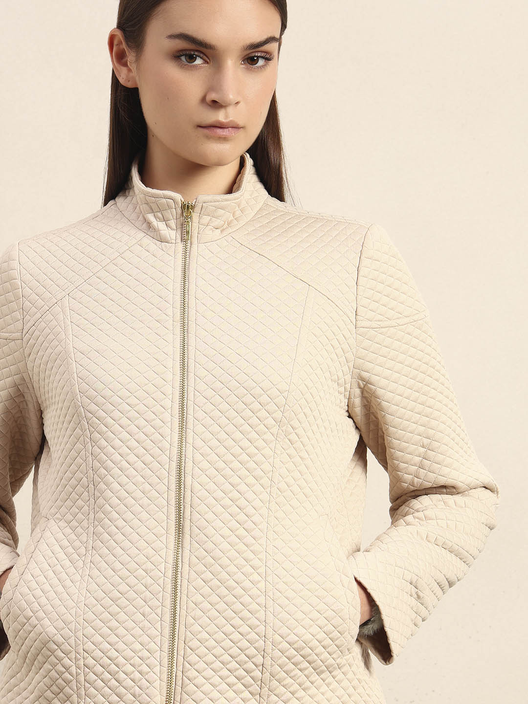 Cream Quilted Zip Jacket