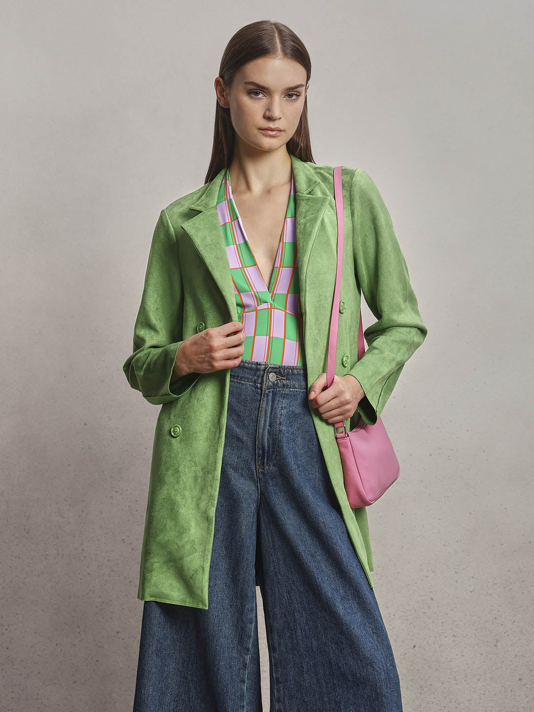 Lime Green Long Faux Suede Coat