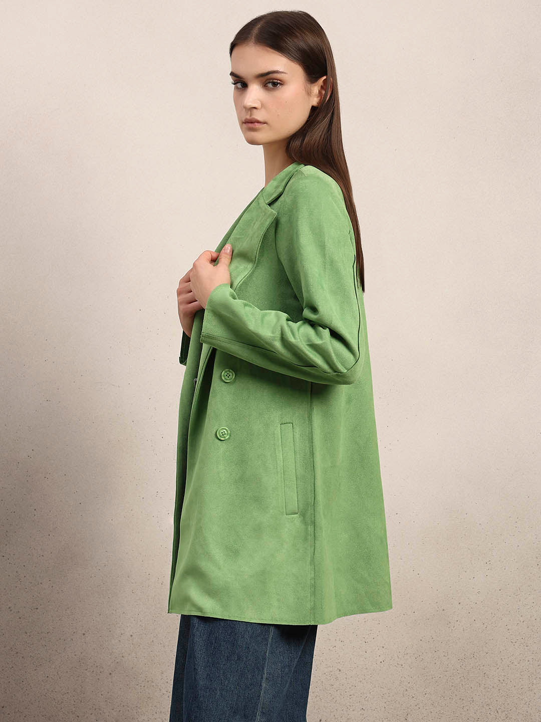 Lime Green Long Faux Suede Coat