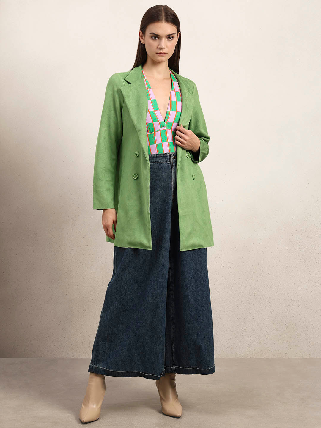 Lime Green Long Faux Suede Coat