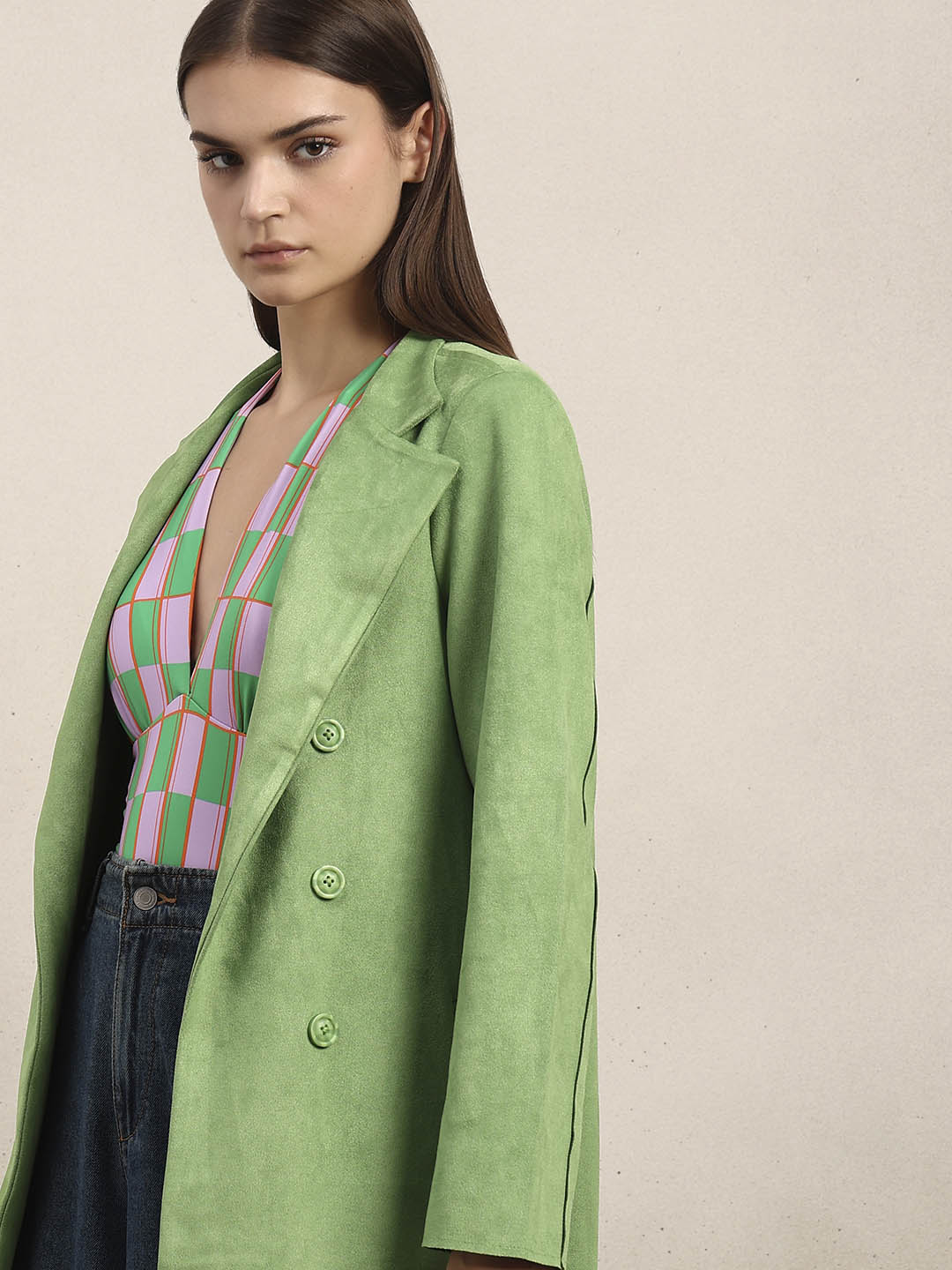 Lime Green Long Faux Suede Coat