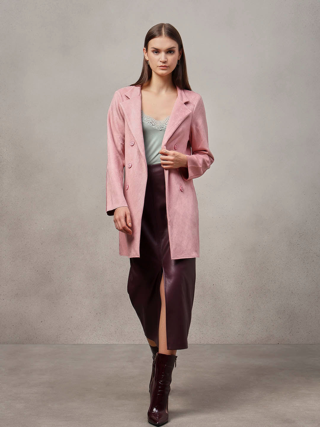 Pink Long Faux Suede Coat