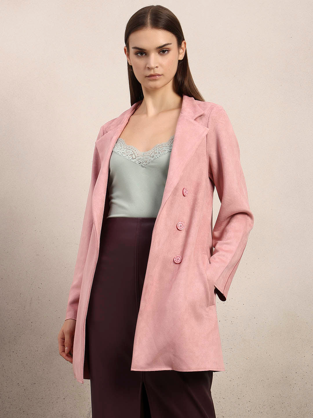 Pink Long Faux Suede Coat